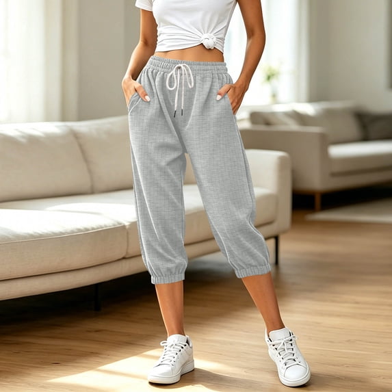 Women's Cropped Sweatpants Elastic Waist Drawstring Casual Capri Pants with Pockets Lightweight Loose Lounge Workout Joggers Flattering Athletic Wear