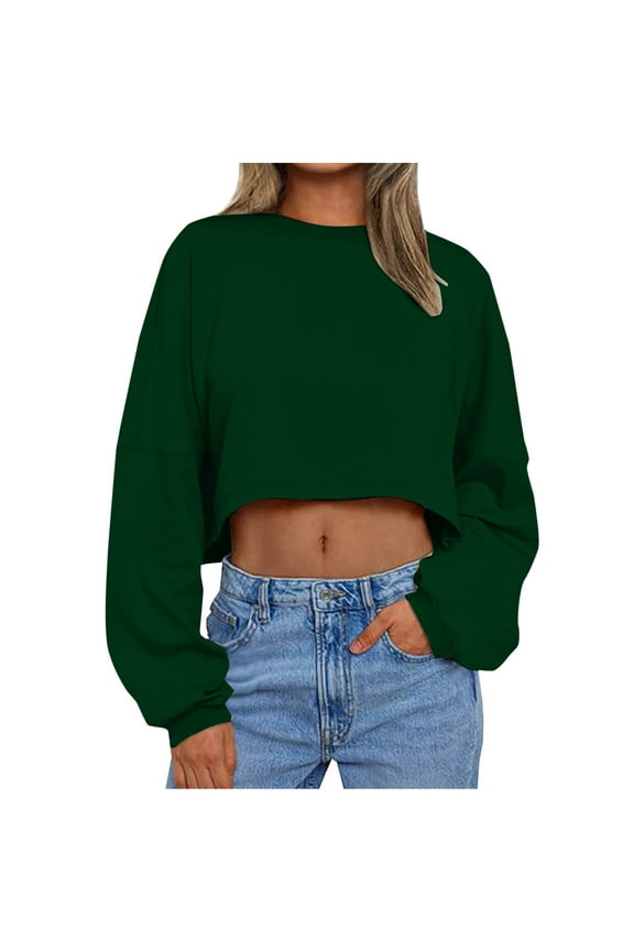 Women's Cropped Sweatshirt Casual Long Sleeve Crop Top Crew Neck Oversized Sweatshirt Army Green S
