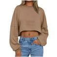 thumbnail image 1 of Women's Cropped Sweatshirt Casual Long Sleeve Crop Top Crew Neck Oversized Sweatshirt Khaki S, 1 of 5