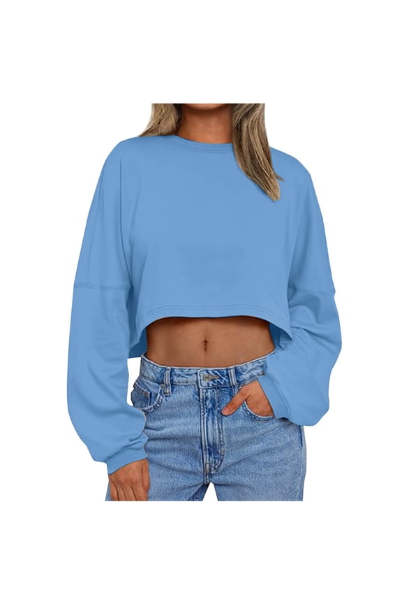 Women's Cropped Sweatshirt Casual Long Sleeve Crop Top Crew Neck Oversized Sweatshirt Light Blue L