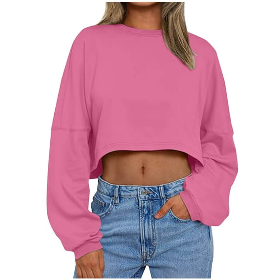 Women's Cropped Sweatshirt Casual Long Sleeve Crop Top Crew Neck Oversized Sweatshirt Pink L