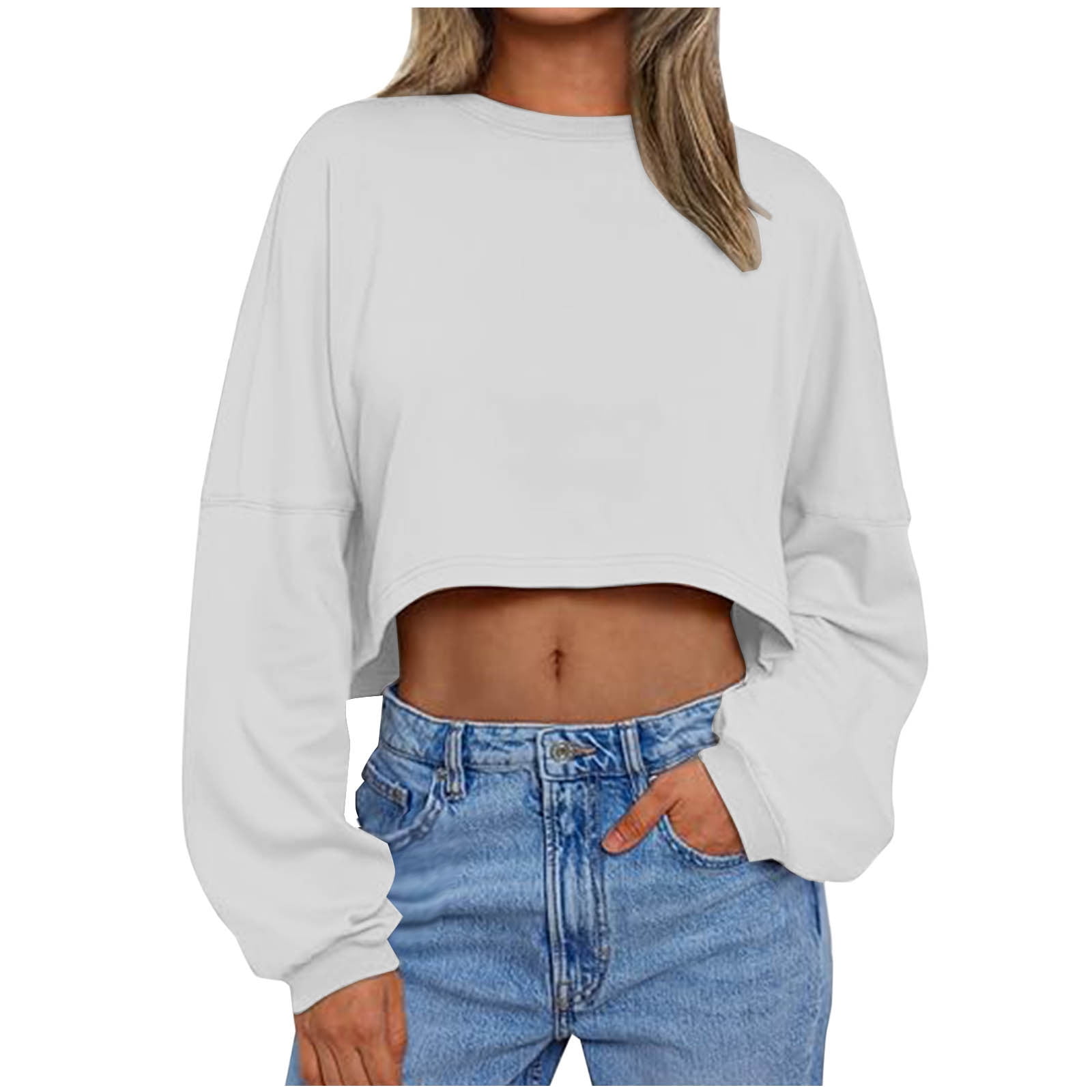Women's Cropped Sweatshirt Casual Long Sleeve Crop Top Crew Neck