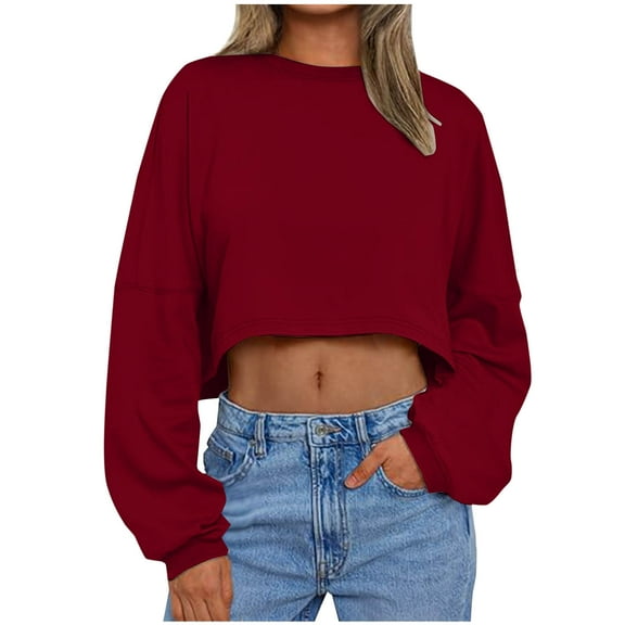 Women's Cropped Sweatshirt Casual Long Sleeve Crop Top Crew Neck Oversized Sweatshirt Wine M