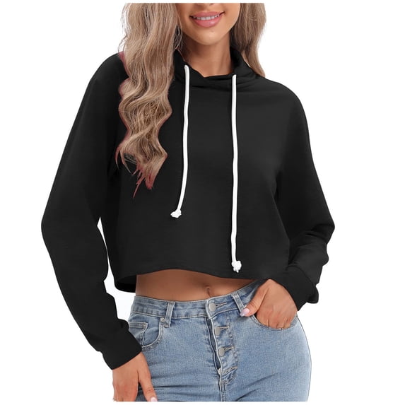 Women's Cropped Sweatshirts Long Sleeve Drawstring Hooded Sweatshirt Trendy Lightweight Solid Color Pullover Tops