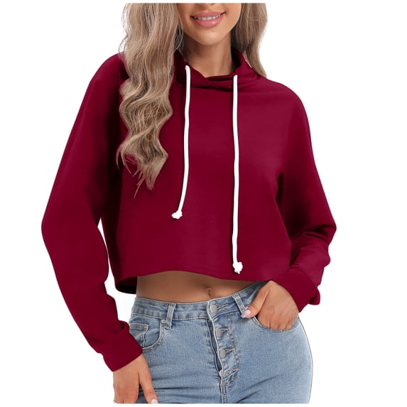 Women's Cropped Sweatshirts Long Sleeve Drawstring Hooded Sweatshirt Trendy Lightweight Solid Color Pullover Tops