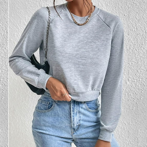 Women's Cropped Sweatshirts Loose Fit Fleece Long Sleeve Casual Pullover Crewneck Workout Fashion Basic Hoodie Tops Gray L