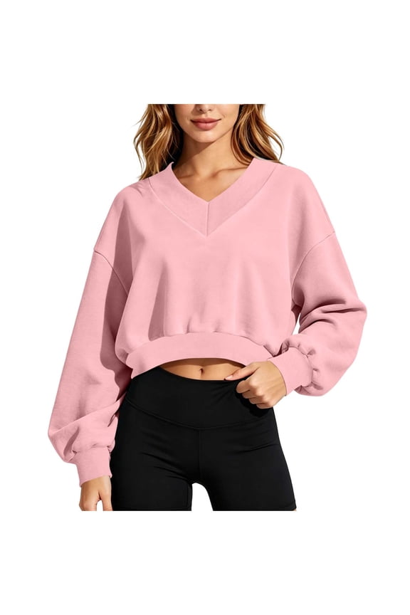 Women's Cropped Sweatshirts Trendy Long Sleeve Pullover Tops Casual V Neck Loose Fit Fall Shirts Fashion Comfortable Fall Winter Soft Tee