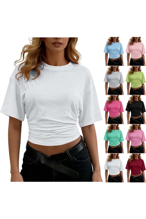 Women’s Cropped T Shirt Ruched Slim Fit Short Sleeve Top Casual Crew Neck Stretch Tee Fashion Basic Summer Going Out Top
