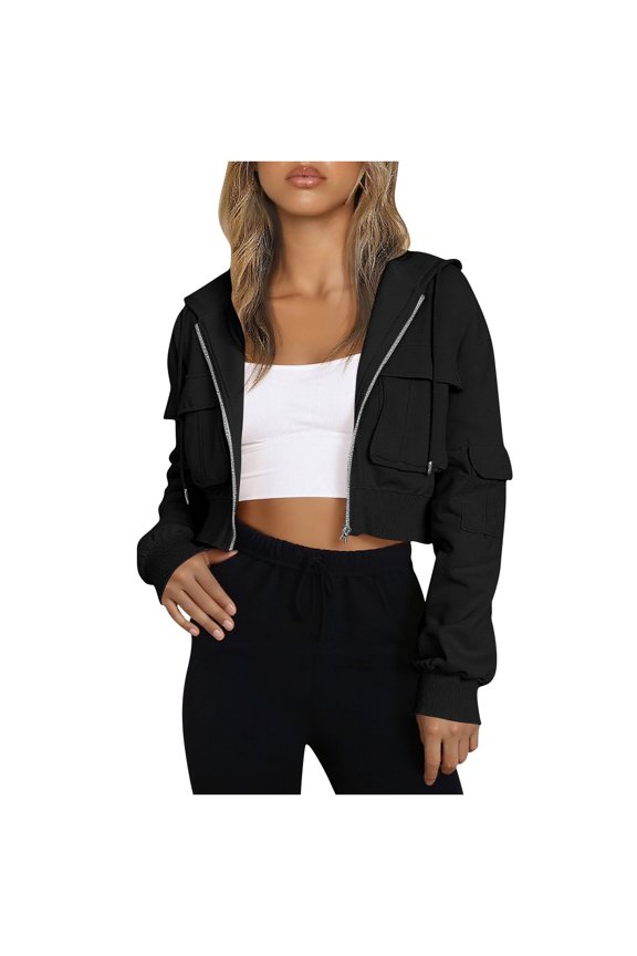 Women's Cropped Jackets Full Zip Up Long Sleeve Hood Jacket Casual Drawstring Relaxed Fit Shackets Tops (S, Black)