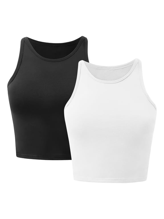 Women's Cropped Tank Top 2 Pack, Sleeveless High Neck Racerback Workout Athletic Tank Tops