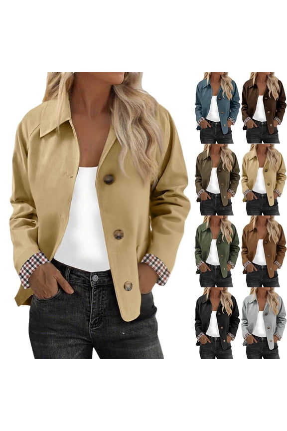 Women's Cropped Trench Coat Classic Collar Oversize Casual Jackets with Checkered for Spring and Fall Wear, Office Events, and Casual Outings,Coffee,L
