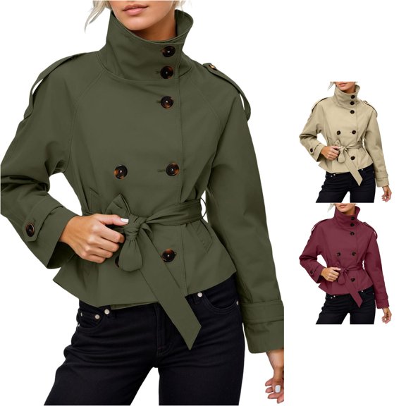 Women's Cropped Trench Coat Double High Collar Jacket with Belt for Fall Winter