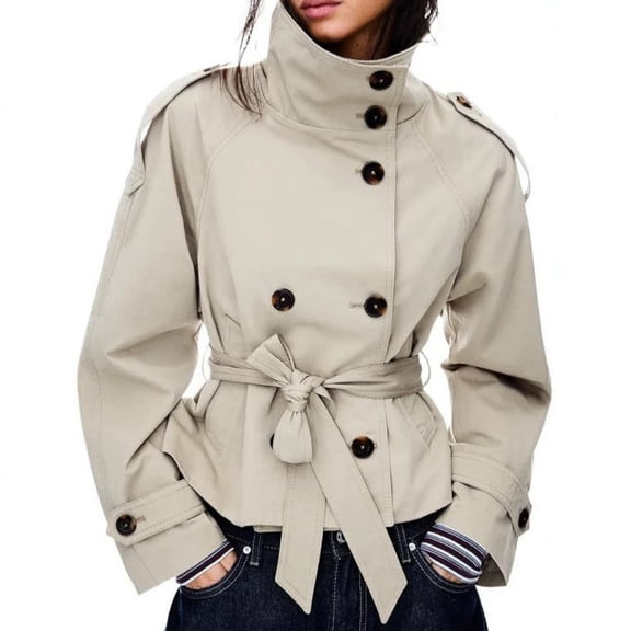 Women's Cropped Trench Coat Double Breasted Stand Collar Short Windbreaker Jacket High Collar Lightweight Outerwear Fall Winter Coats with Belt