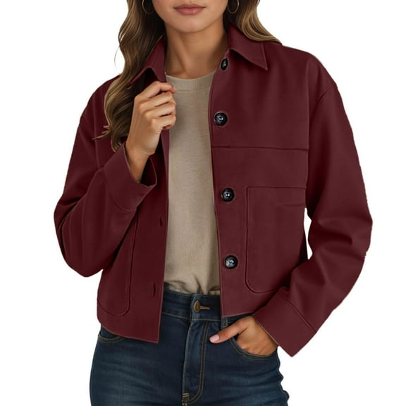 Women's Cropped Trench Coat Suede Button Down Long Sleeve Jackets Lapel Collar Fall Winter Casual Trendy Clothes