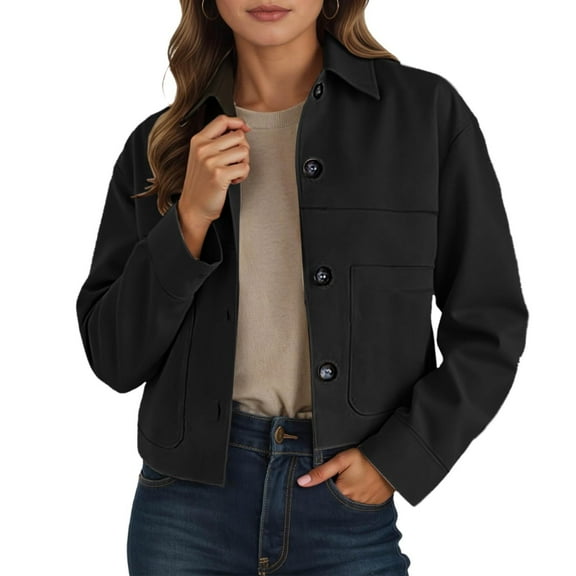 Women's Cropped Trench Coat Faux Suede Button Down Long Sleeve Jackets Lapel Collar Fall Winter Casual Trendy Clothes