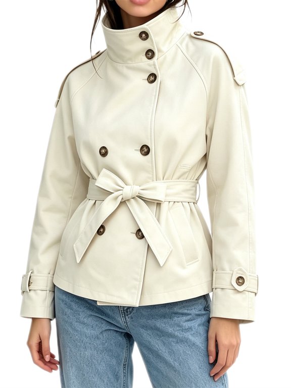 Women's Cropped Trench Coat Stand Collar Double Breasted Belted Short Jacket with Shoulder Epaulets