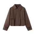 thumbnail image 1 of Women's Cropped Trench Jacket Long Sleeve Collared Button up Coat with Flap Pockets and Elastic Hem Casual Outerwear, 1 of 6