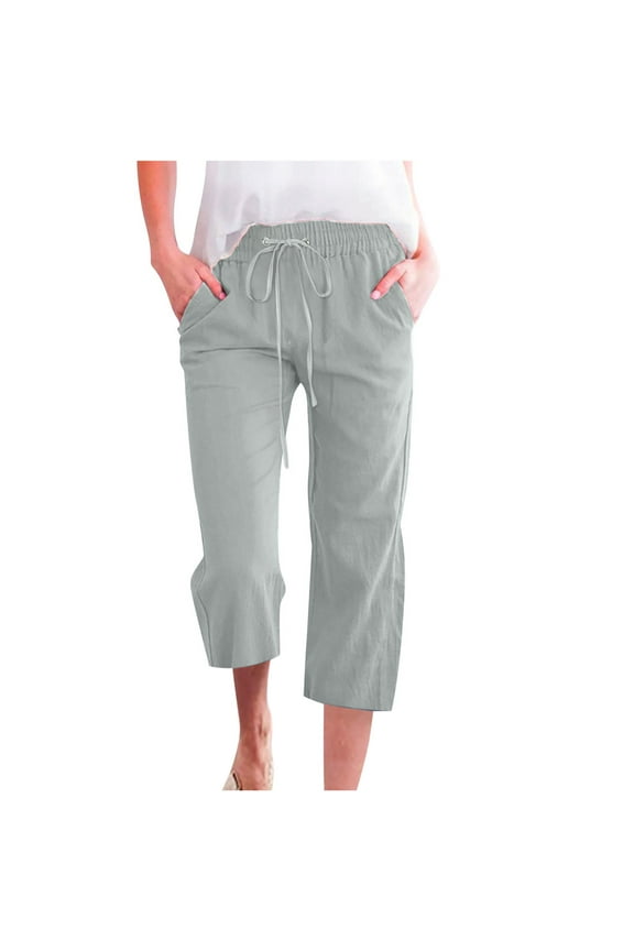 Women's Cropped Trousers Solid Color 3/4 Length Elastic Waist Lounge Pants Comfy Soft Cotton Linen Crop Trouser Three Quarter Length Loose Casual Capri Pants for Ladies