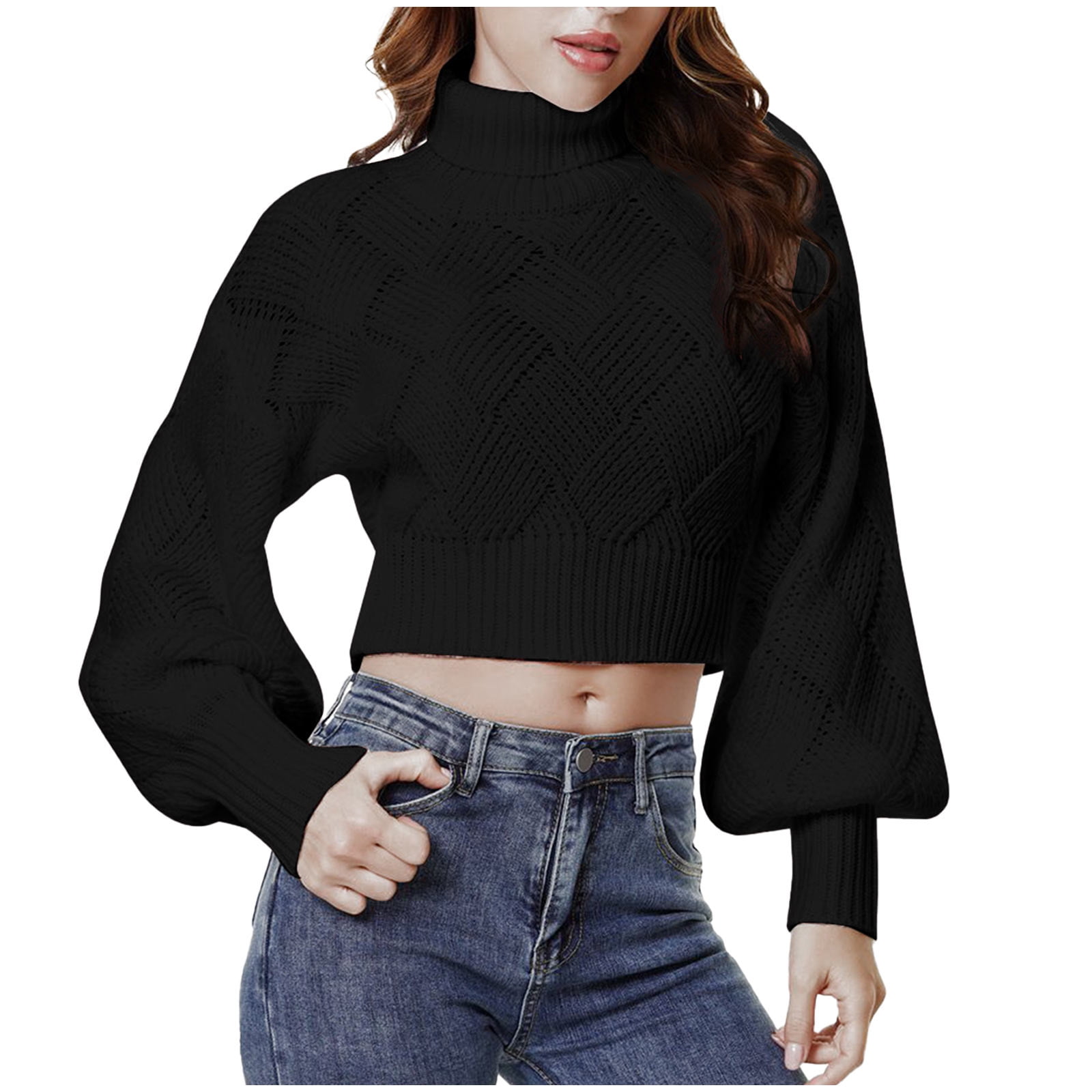 Women's Cropped Turtleneck Sweater Lantern Long Sleeve Knit