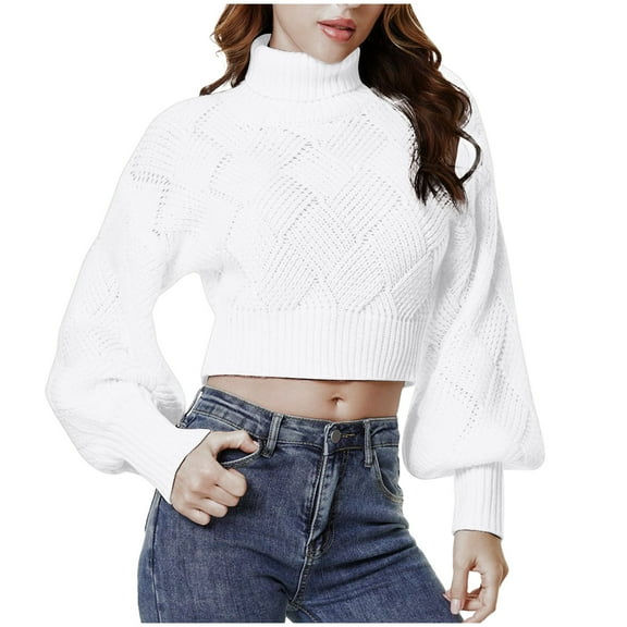 Women's Cropped Turtleneck Sweater Lantern Long Sleeve Knit Fashion Pullover Fall Sweaters Crop Top Jumper