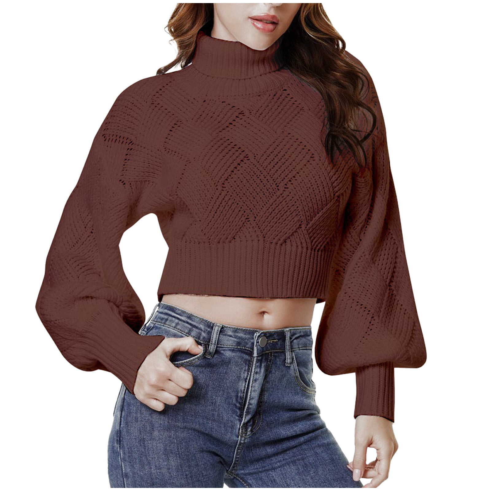 Women's Cropped Turtleneck Sweater Lantern Long Sleeve Knit