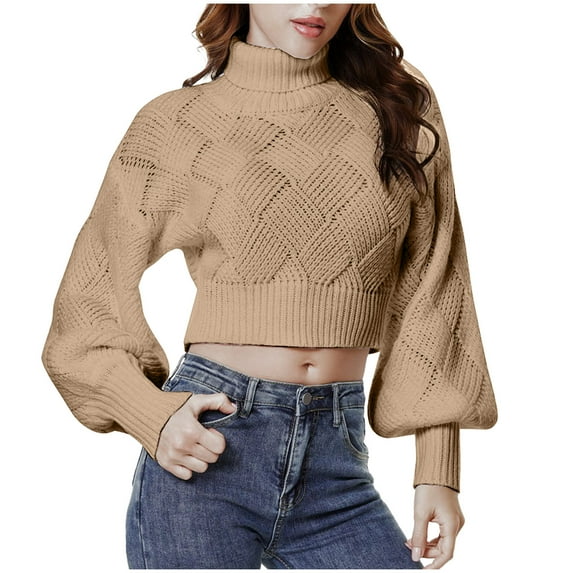 Women's Cropped Turtleneck Sweater Lantern Long Sleeve Knit Fashion Pullover Fall Sweaters Crop Top Jumper