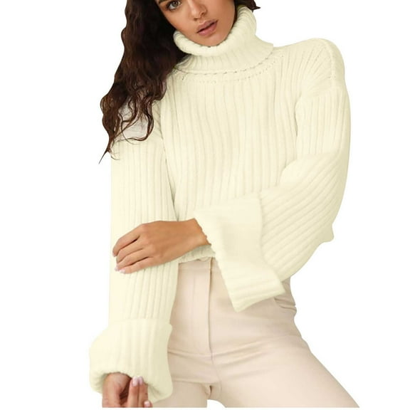 Women's Cropped Turtleneck Sweaters Long Sleeve Ribbed Knit Stretchy Trendy Casual Solid Pullover Jumper Tops Y2k White,S