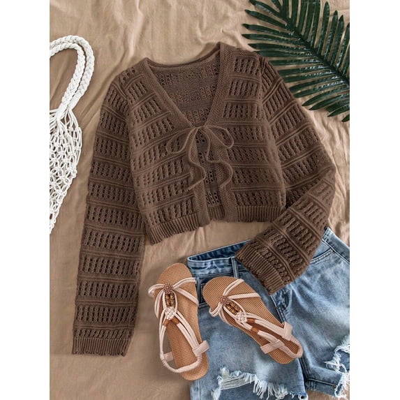 Women's Cropped V-Neck Tie Front Cardigan Long Sleeve Open Front Knit Top for Music Festival Beach Party Summer Vacation Boho