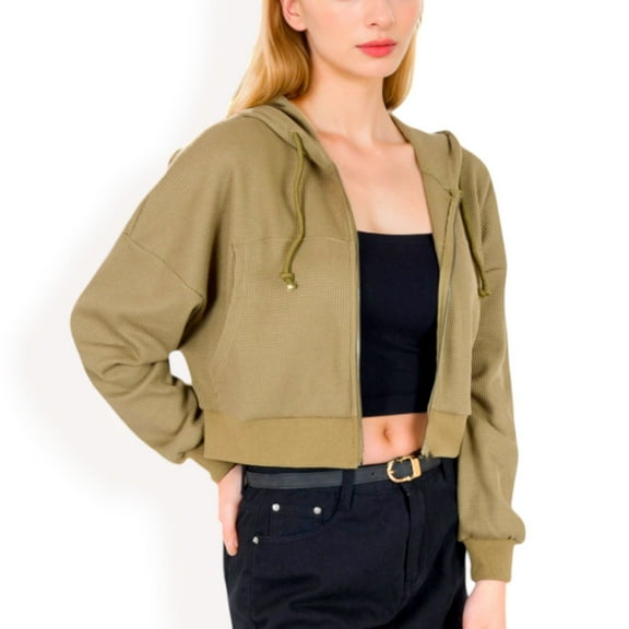 Women's Cropped Waffle Knit Zip-Up Hoodie with Drawstring - Large, Olive Green
