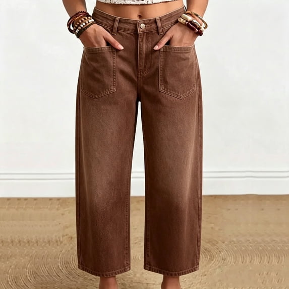 Women's Cropped Wide Leg Denim Jeans, High‑rise Button‑Zip Fly, Large Patch Pockets, Solid‑dyed Tone, Clean Straight‑hem Durable Denim for Daily Weekend Activities, Tall Jeans for Women Brown XXL