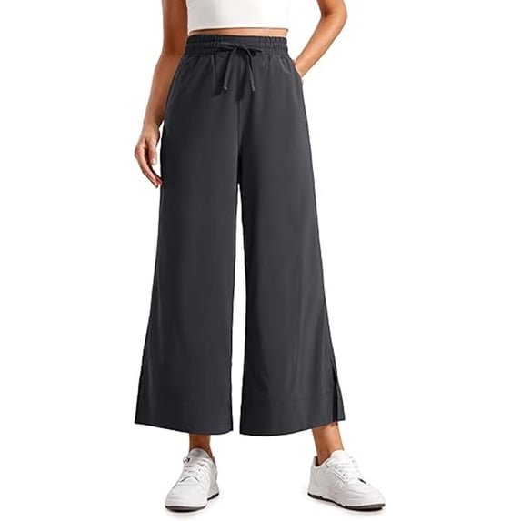 Women's Cropped Wide Leg Palazzo Pants High Waist Elastic Drawstring Casual Lightweight Trousers with Pockets Waisted Flowy Beach Trousers