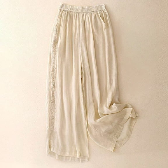 Women's Cropped Wide Leg Palazzo Pants - Summer Embroidered Cotton Linen Blend Trousers with Draped Boho Style, Elastic Waist Casual Lounge Beige M-3XL