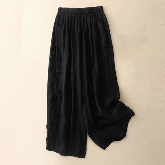 Women's Cropped Wide Leg Palazzo Pants - Summer Embroidered Cotton Linen Blend Trousers with Draped Boho Style, Elastic Waist Casual Lounge Black M-3XL