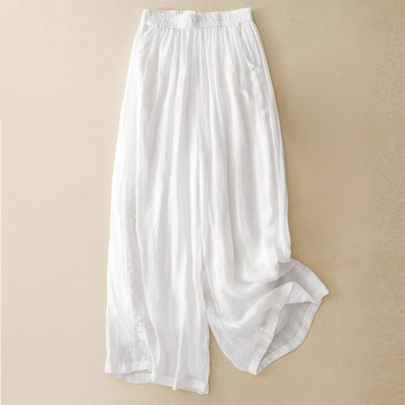Women's Cropped Wide Leg Palazzo Pants - Summer Embroidered Cotton Linen Blend Trousers with Draped Boho Style, Elastic Waist Casual Lounge White M-3XL