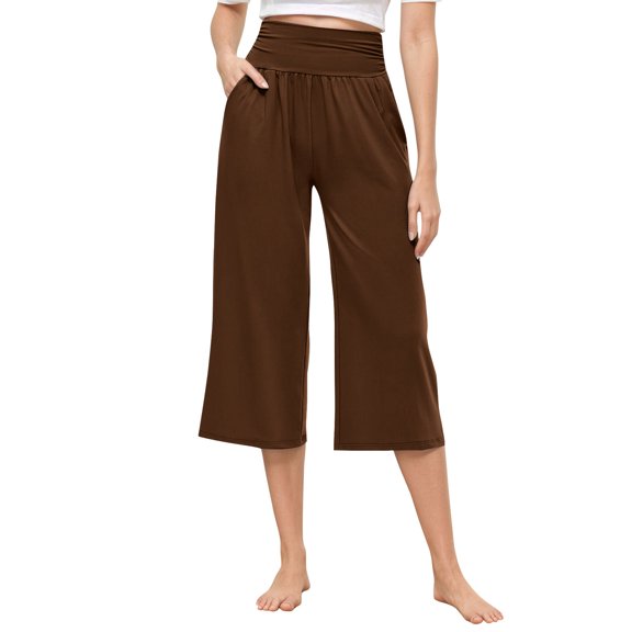 Women's Cropped Wide Leg Pants for Summer Casual Wear Featuring Elastic Waist and Functional Side Pockets Loose Fit Lounge Comfy Fall Winter Trousers