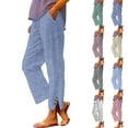 thumbnail image 1 of Women's Cropped Wide Leg Pants with Button Detail and Pockets in Breathable Cotton Linen Striped Casual Trousers, 1 of 9