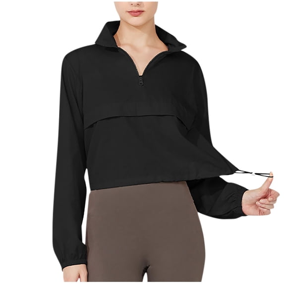 Women's Cropped Windbreaker Quarter Zip Pullover Tops with Long Sleeve Lightweight Elastic Cuff Drawstring Athletic Jacket Black S