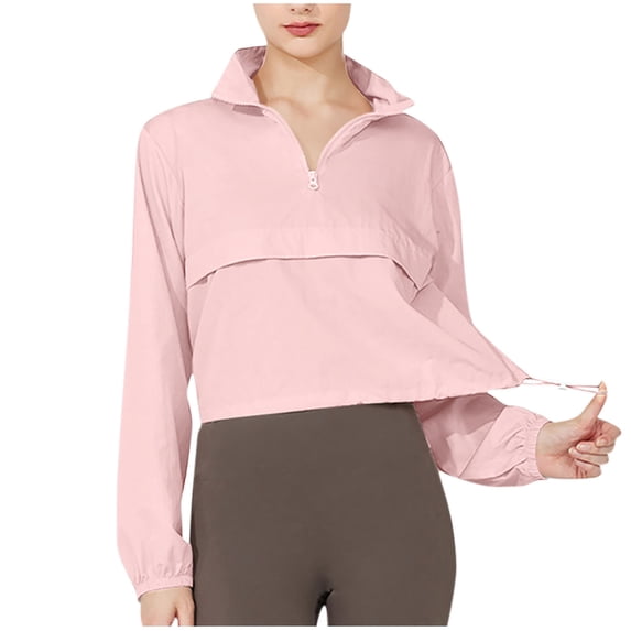 Women's Cropped Windbreaker Quarter Zip Pullover Tops with Long Sleeve Lightweight Elastic Cuff Drawstring Athletic Jacket Pink L