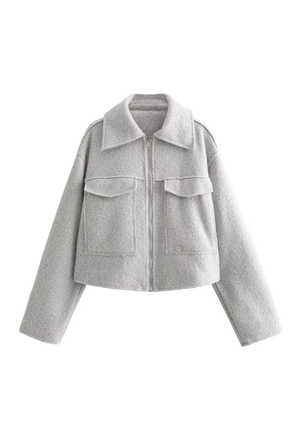 Women's Cropped Wool Blend Jacket Zip Up Design Short Casual Outerwear Modern Minimalist Fall Winter Street Style Tops