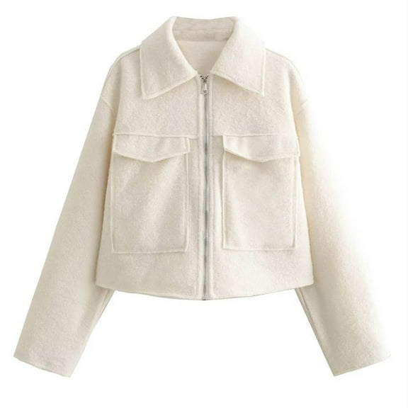 Women's Cropped Wool Blend Jacket Zip Up Design Short Casual Outerwear Modern Minimalist Fall Winter Street Style Tops