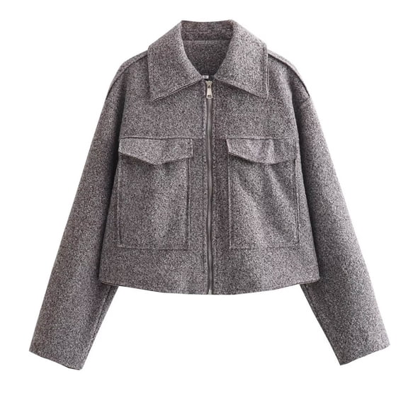 Women's Cropped Wool Blend Jacket Zip Up Design Short Casual Outerwear Modern Minimalist Fall Winter Street Style Tops