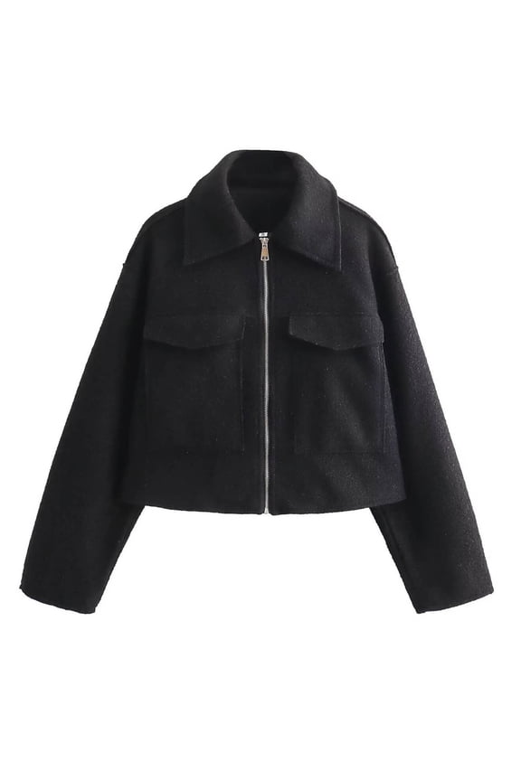 Women's Chic Lapel Streetwear Jacket Short Coat Front Zipper Design with Big Pockets Loose Fit Casual Winter Fashion Statement