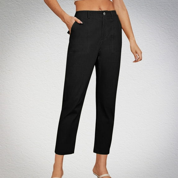 Women's Cropped Work Pants High Waisted Business Casual Tapered Leg Trousers with Pockets