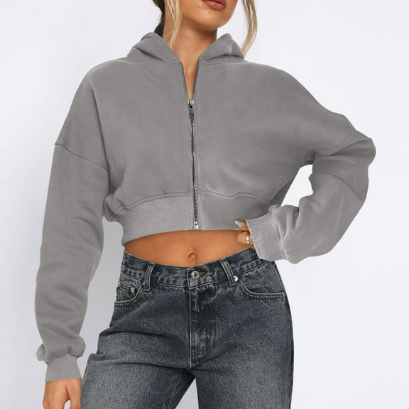 Women’s Cropped Zip Up Hoodie – Long Sleeve Lightweight Sweatshirt with Hood, Loose Fit Stylish Casual Outerwear for Fall, Spring & Everyday Wear Gray