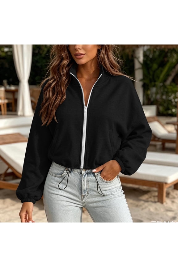 Women's Cropped Zip Sweatshirt, Long Sleeve Lapel Collar Drawstring Hem Jackets, Loose Fits Fashion Daily Coat Tops
