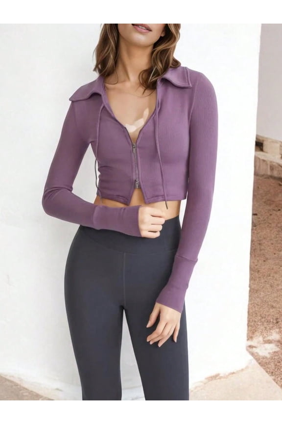 Women's Cropped Zip-Up Active Jacket with Ribbed Details and Thumb Holes - Small, Purple