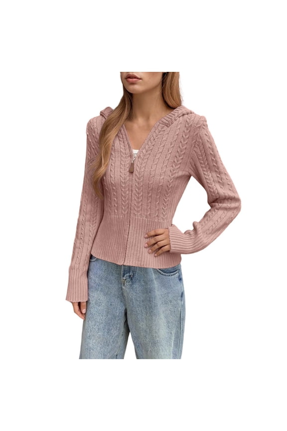 Women's Cropped Zip Up Cardigan Short Knit Sweater Jacket Ribbed Cuffs Casual Comfortable Fall Spring Layer for Petite