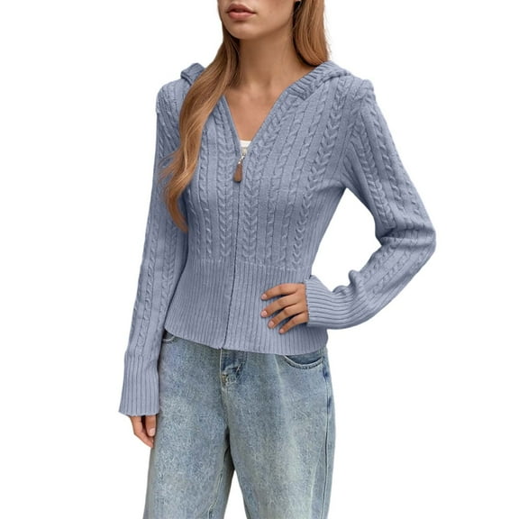 Women's Cropped Zip Up Cardigan Short Knit Sweater Jacket Ribbed Cuffs Casual Comfortable Fall Spring Layer for Petite