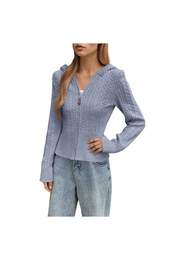 Women's Cropped Zip Up Cardigan Short Knit Sweater Jacket Ribbed Cuffs Casual Comfortable Fall Spring Layer for Petite