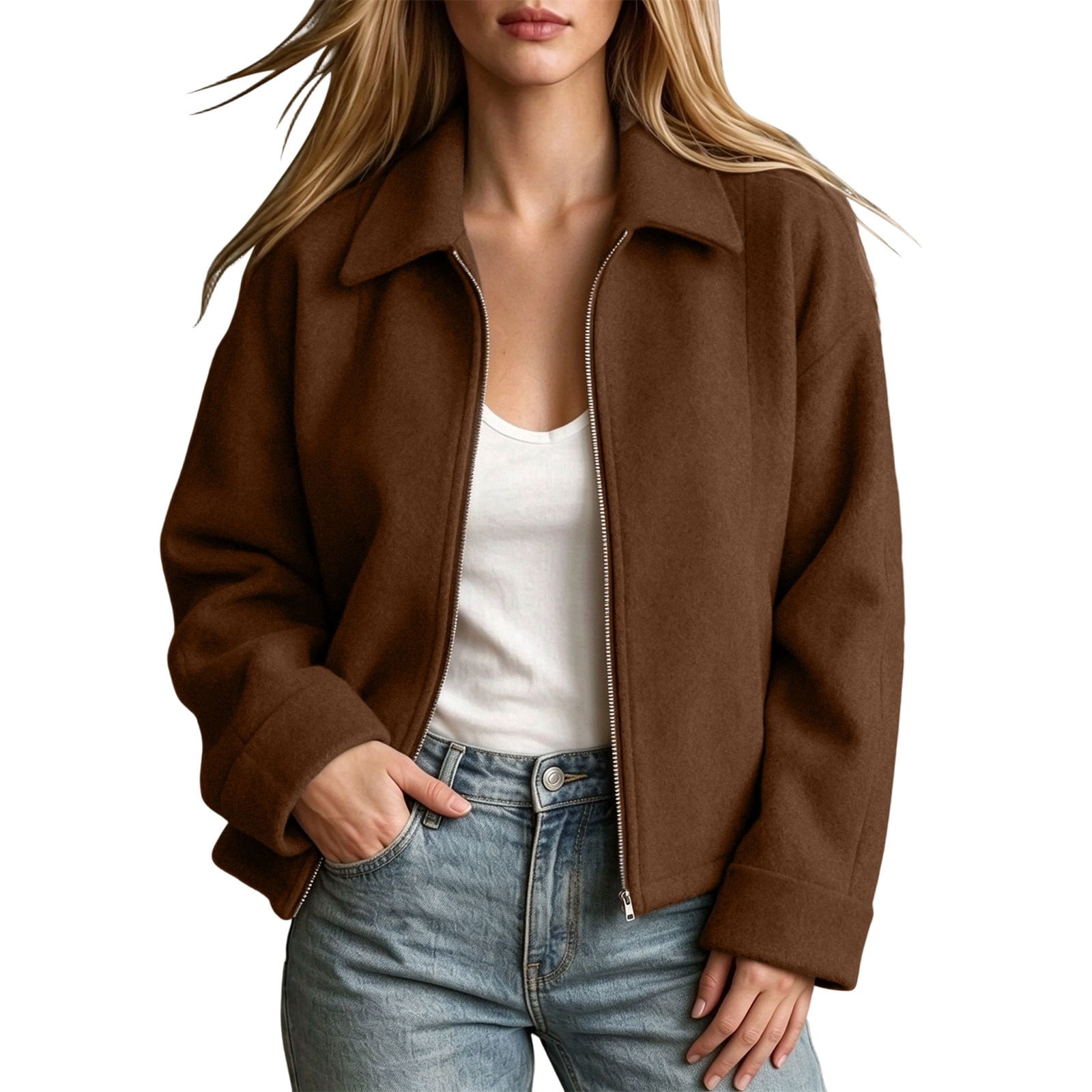 Lowered Jacket Women's Cropped Zip‑Up Jacket, Collared Long Sleeve Outerwear, Loose ...
